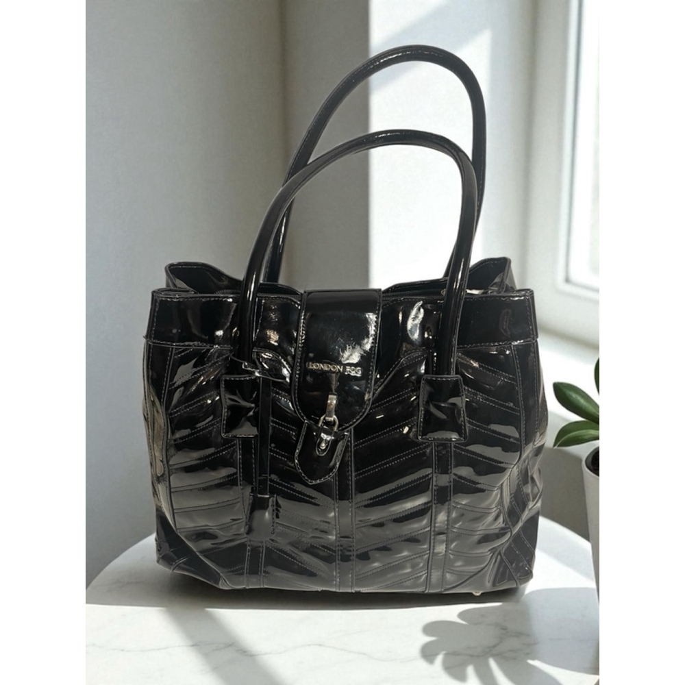 Women's London Fog Large Black Patent Shiny Faux Leather Tote HandBag